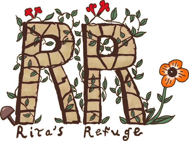 Rita's Refuge logo: two stone letter R's overgrown with flowering vines, a mushroom and an orange flower